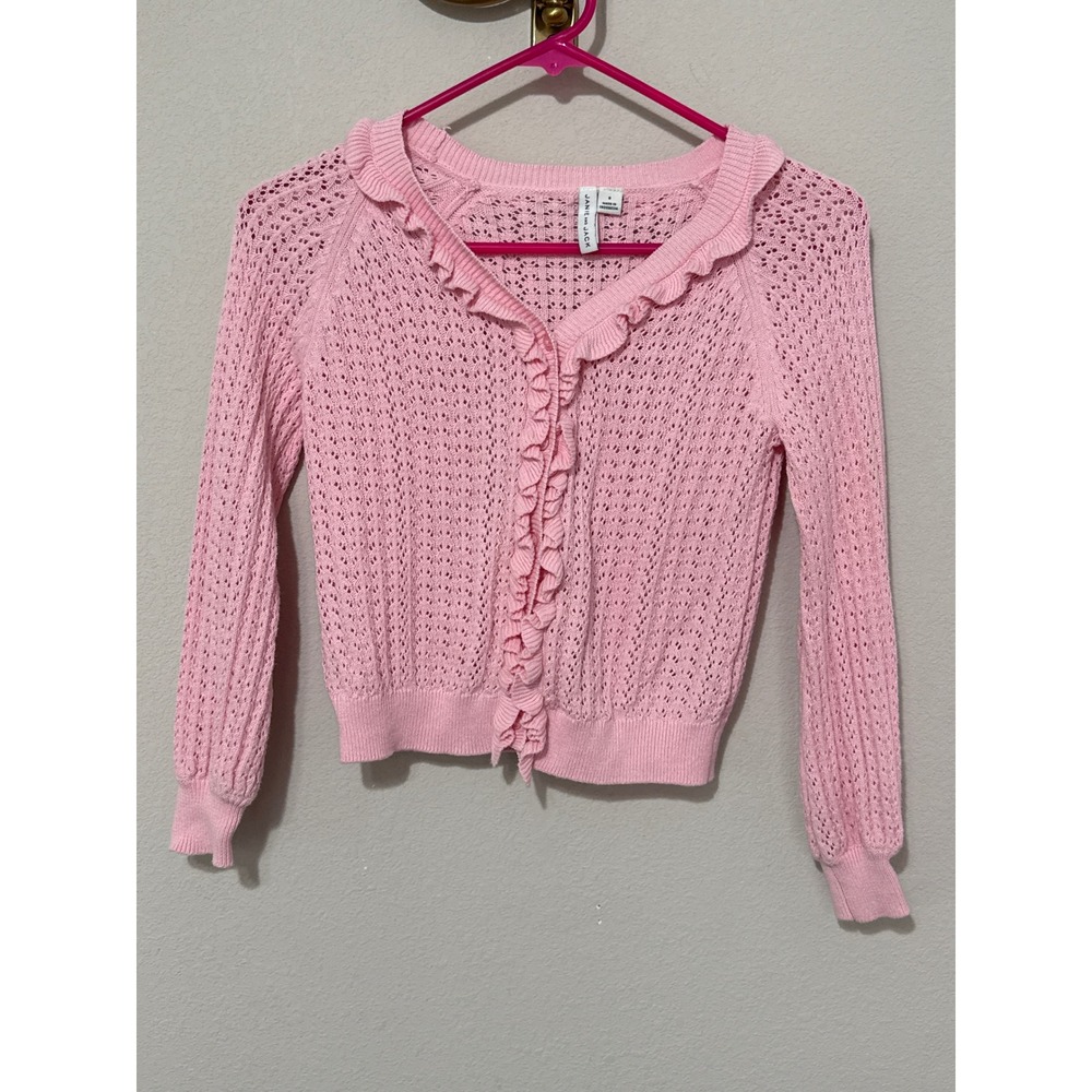 Janie and Jack Cardigan Girls Size 6 Pink Ruffle Pointelle Knit Cotton Sweater